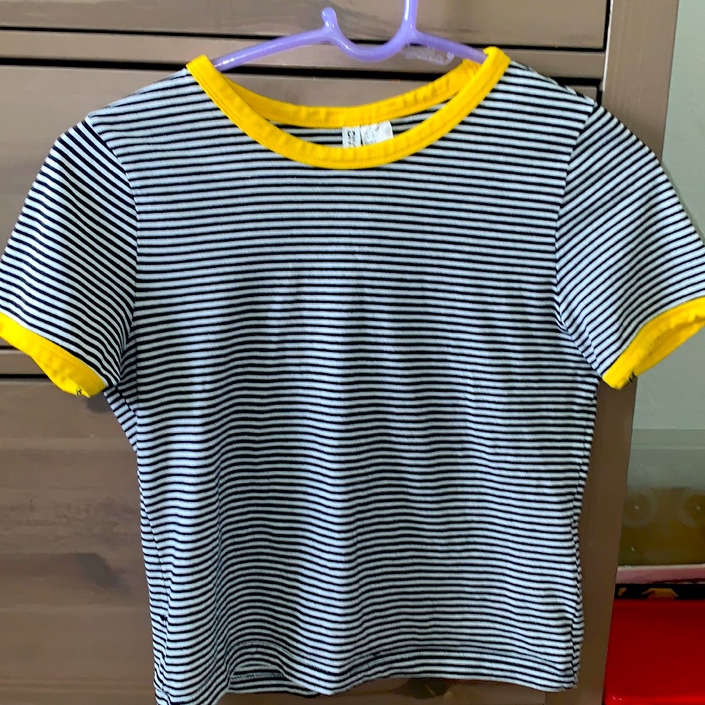 black, white, and yellow striped shirt
